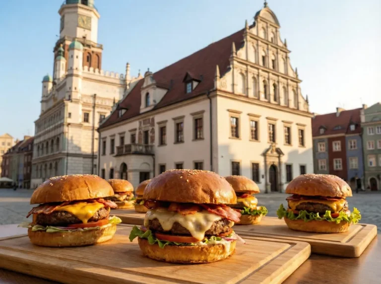 burgery na tle wagi i ratusze na starym rynku w Poznaniu.