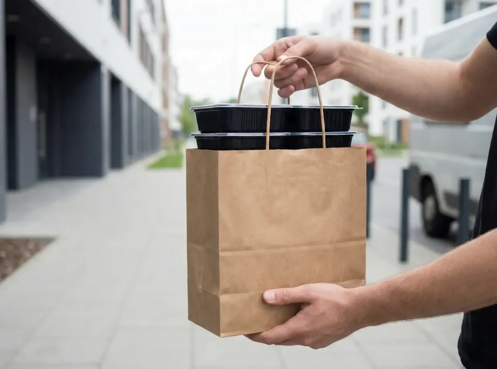 Torba dostawy diety pudełkowej trzymana w męskiej ręce